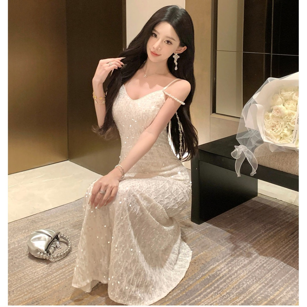 氣質典雅 白色精緻亮片 細肩帶魚尾亮片長禮服 輕婚紗 晚禮服 晚宴服 亮片禮服 白色禮服 新娘禮服 伴娘禮服-細節圖5