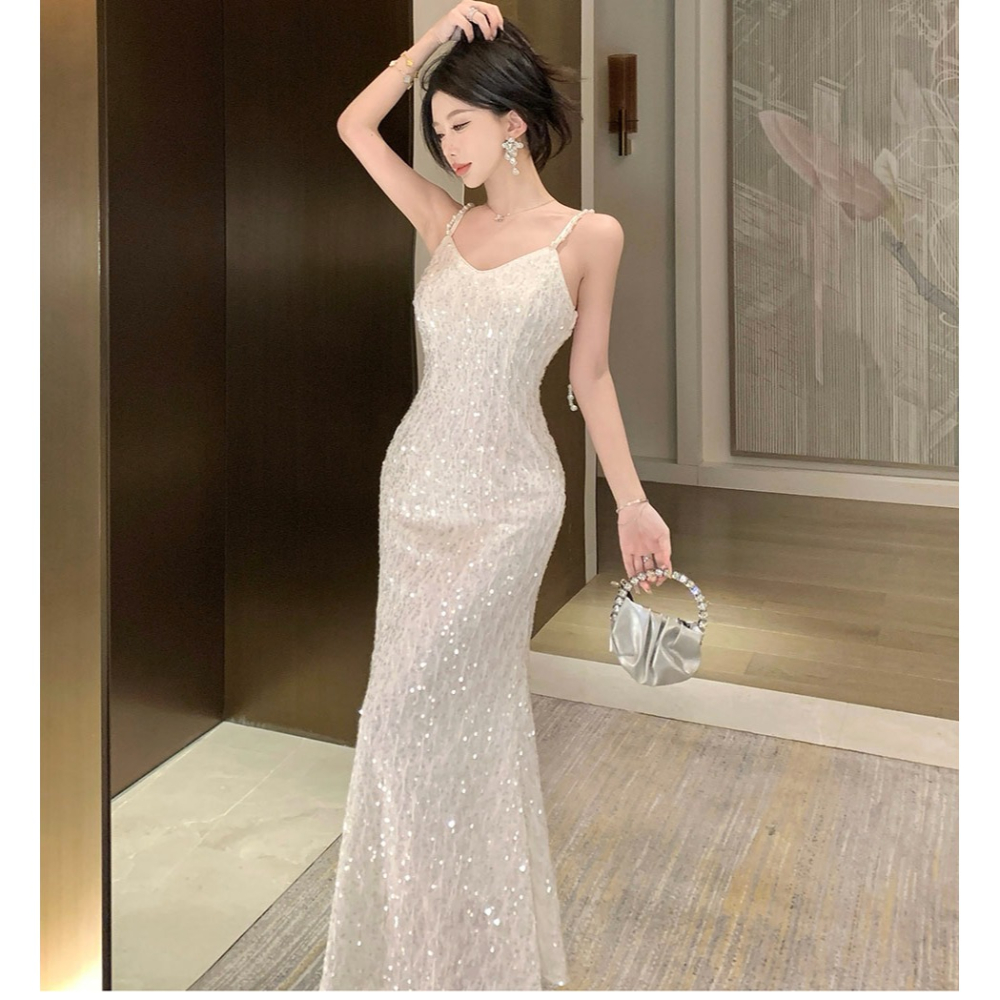 氣質典雅 白色精緻亮片 細肩帶魚尾亮片長禮服 輕婚紗 晚禮服 晚宴服 亮片禮服 白色禮服 新娘禮服 伴娘禮服-細節圖6