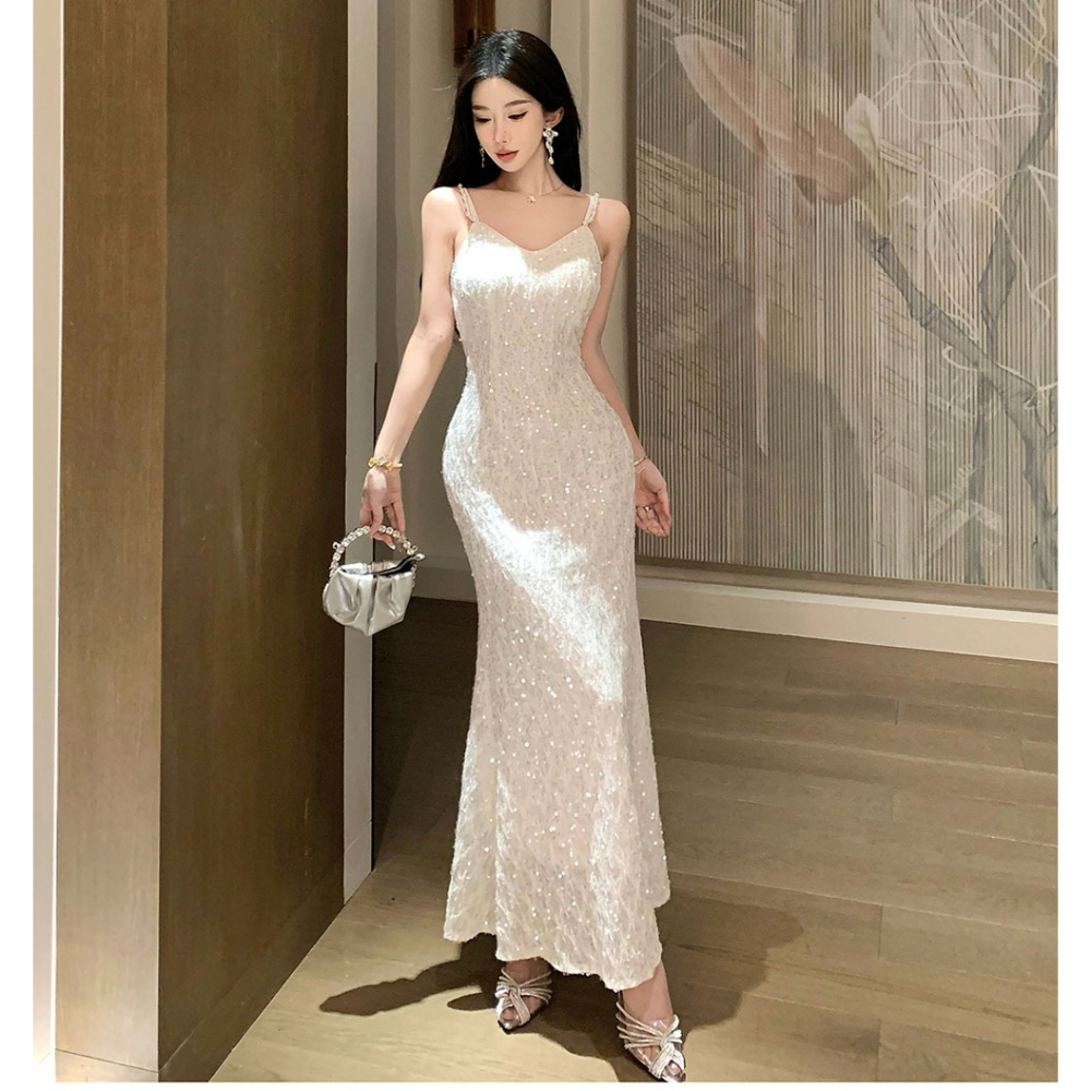 氣質典雅 白色精緻亮片 細肩帶魚尾亮片長禮服 輕婚紗 晚禮服 晚宴服 亮片禮服 白色禮服 新娘禮服 伴娘禮服-細節圖7