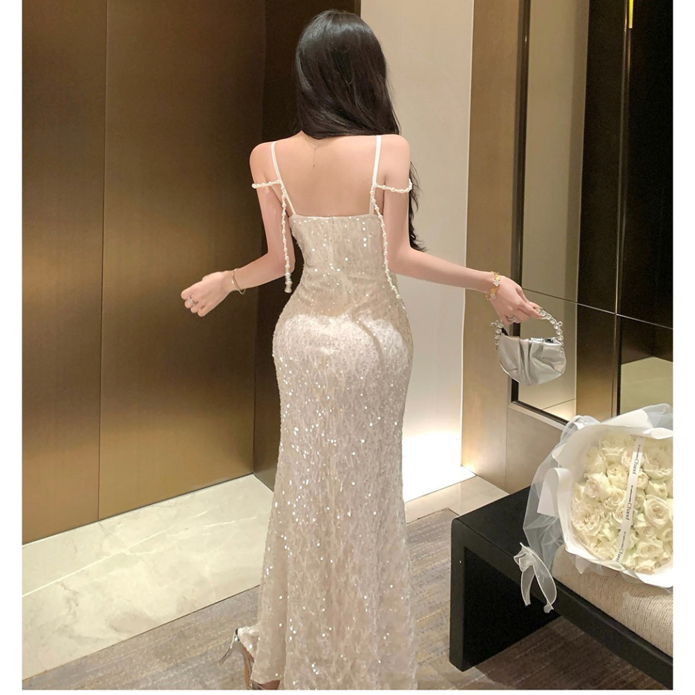 氣質典雅 白色精緻亮片 細肩帶魚尾亮片長禮服 輕婚紗 晚禮服 晚宴服 亮片禮服 白色禮服 新娘禮服 伴娘禮服-細節圖8