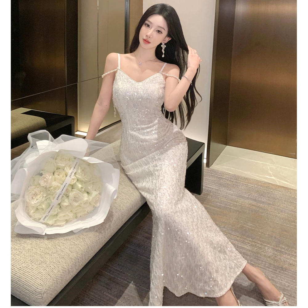 氣質典雅 白色精緻亮片 細肩帶魚尾亮片長禮服 輕婚紗 晚禮服 晚宴服 亮片禮服 白色禮服 新娘禮服 伴娘禮服-細節圖10