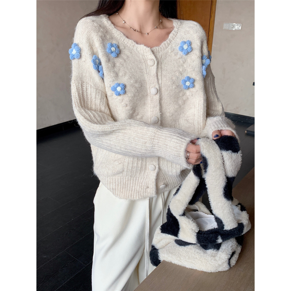 秋冬新品 韓系 可愛搶眼 毛線花花長袖寬版毛衣外套 毛線衣 保暖 溫暖 百搭 寬版毛衣 米白色 基本款-細節圖2