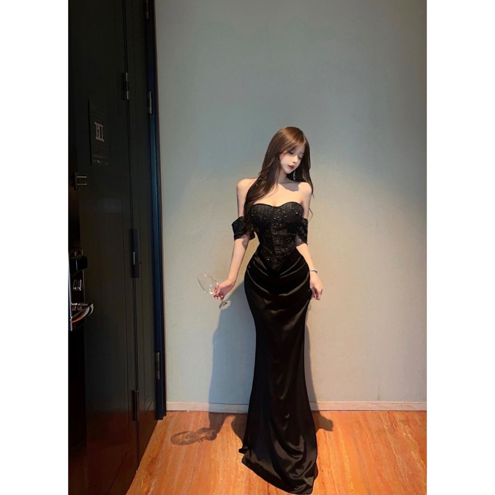 歐美高貴 低胸馬甲設計 亮片金蔥魚骨馬甲抓皺長禮服 魚尾裙 長禮服 黑色緞面禮服 黑色晚宴服 奢華 性感晚禮服-細節圖2