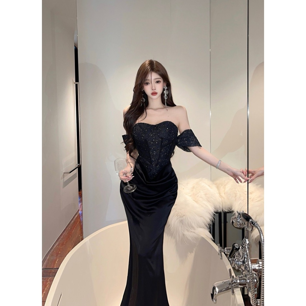 歐美高貴 低胸馬甲設計 亮片金蔥魚骨馬甲抓皺長禮服 魚尾裙 長禮服 黑色緞面禮服 黑色晚宴服 奢華 性感晚禮服-細節圖4