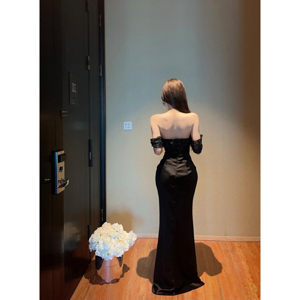 歐美高貴 低胸馬甲設計 亮片金蔥魚骨馬甲抓皺長禮服 魚尾裙 長禮服 黑色緞面禮服 黑色晚宴服 奢華 性感晚禮服-細節圖7