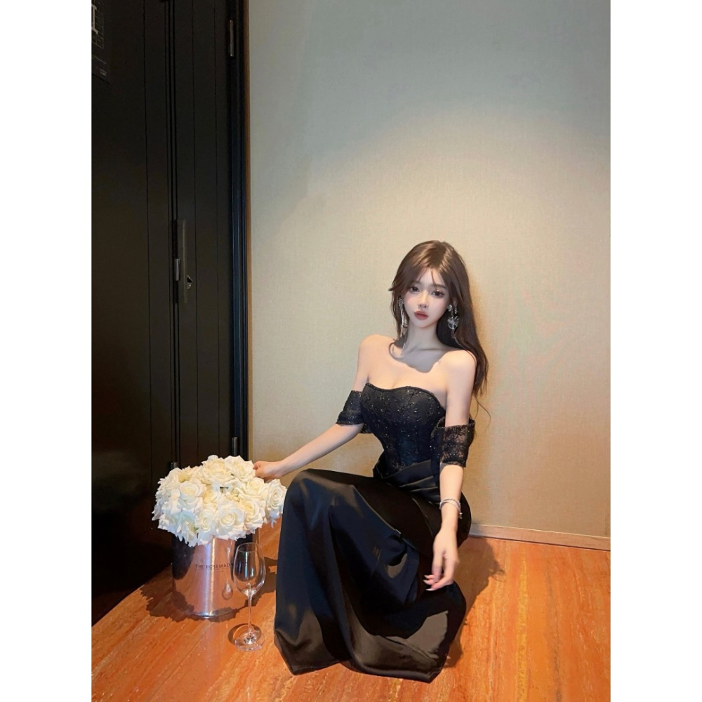 歐美高貴 低胸馬甲設計 亮片金蔥魚骨馬甲抓皺長禮服 魚尾裙 長禮服 黑色緞面禮服 黑色晚宴服 奢華 性感晚禮服-細節圖9