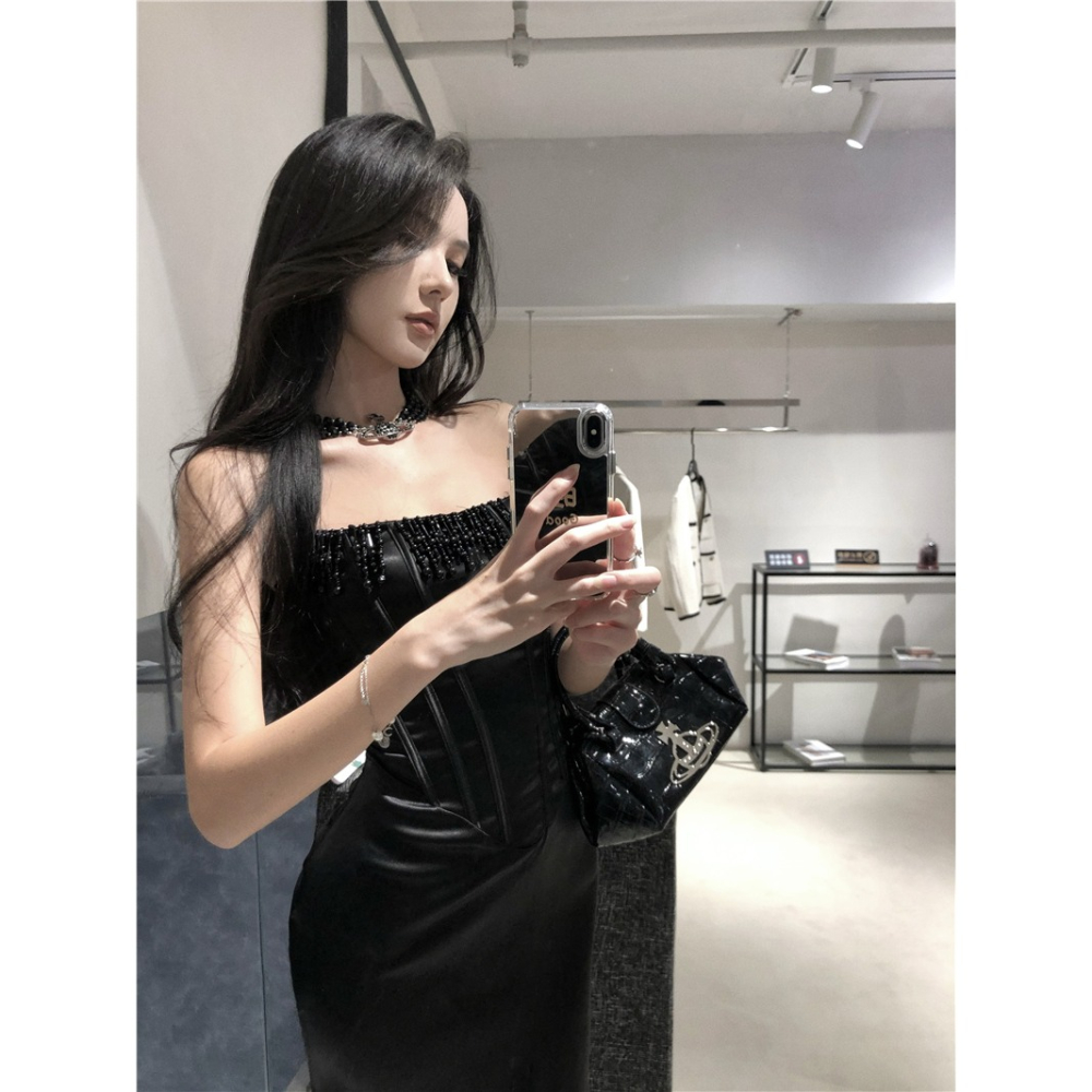 爆款 歐美風 魚骨馬甲連身裙 連衣裙 顯瘦 修飾 黑色平口洋裝 華麗小禮服 性感洋裝 晚宴服 黑色洋裝 長禮服-細節圖5