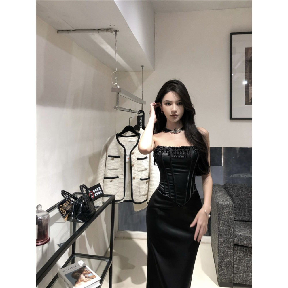 爆款 歐美風 魚骨馬甲連身裙 連衣裙 顯瘦 修飾 黑色平口洋裝 華麗小禮服 性感洋裝 晚宴服 黑色洋裝 長禮服-細節圖10