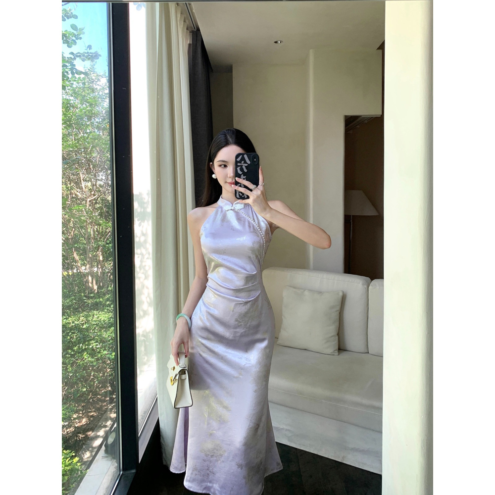 清新 淡雅 優雅中國風氣質削肩淺紫色改良旗袍 古典風格 中國風旗袍 古裝 主題攝影 緞面旗袍 印花 紫色旗袍-細節圖2