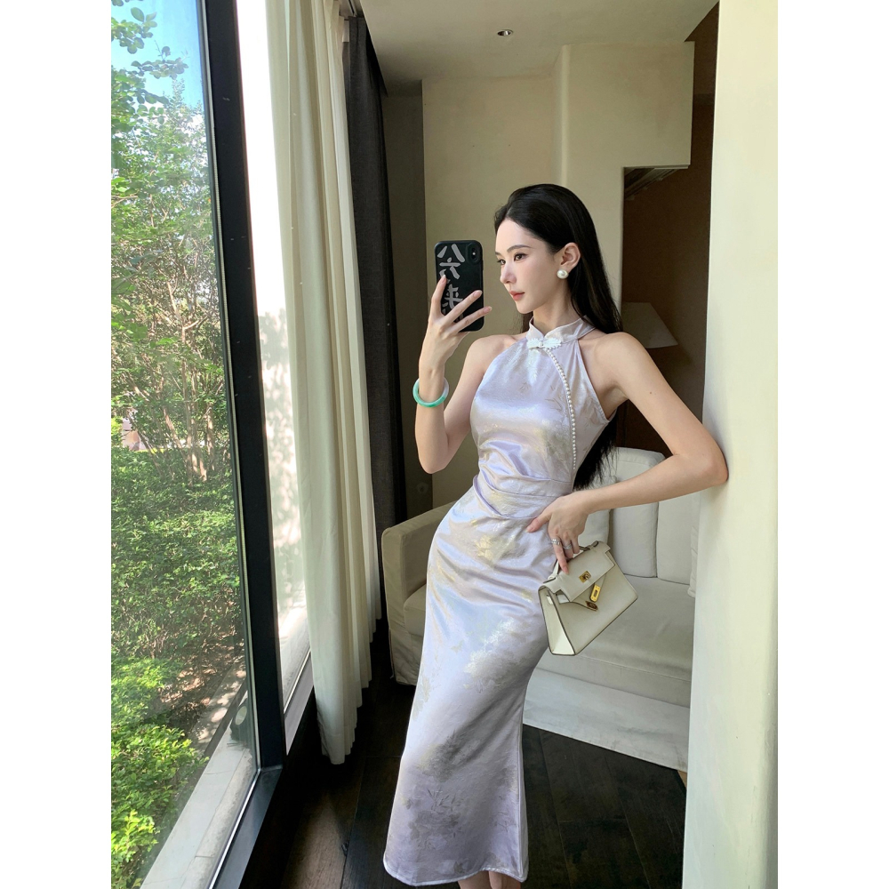 清新 淡雅 優雅中國風氣質削肩淺紫色改良旗袍 古典風格 中國風旗袍 古裝 主題攝影 緞面旗袍 印花 紫色旗袍-細節圖3