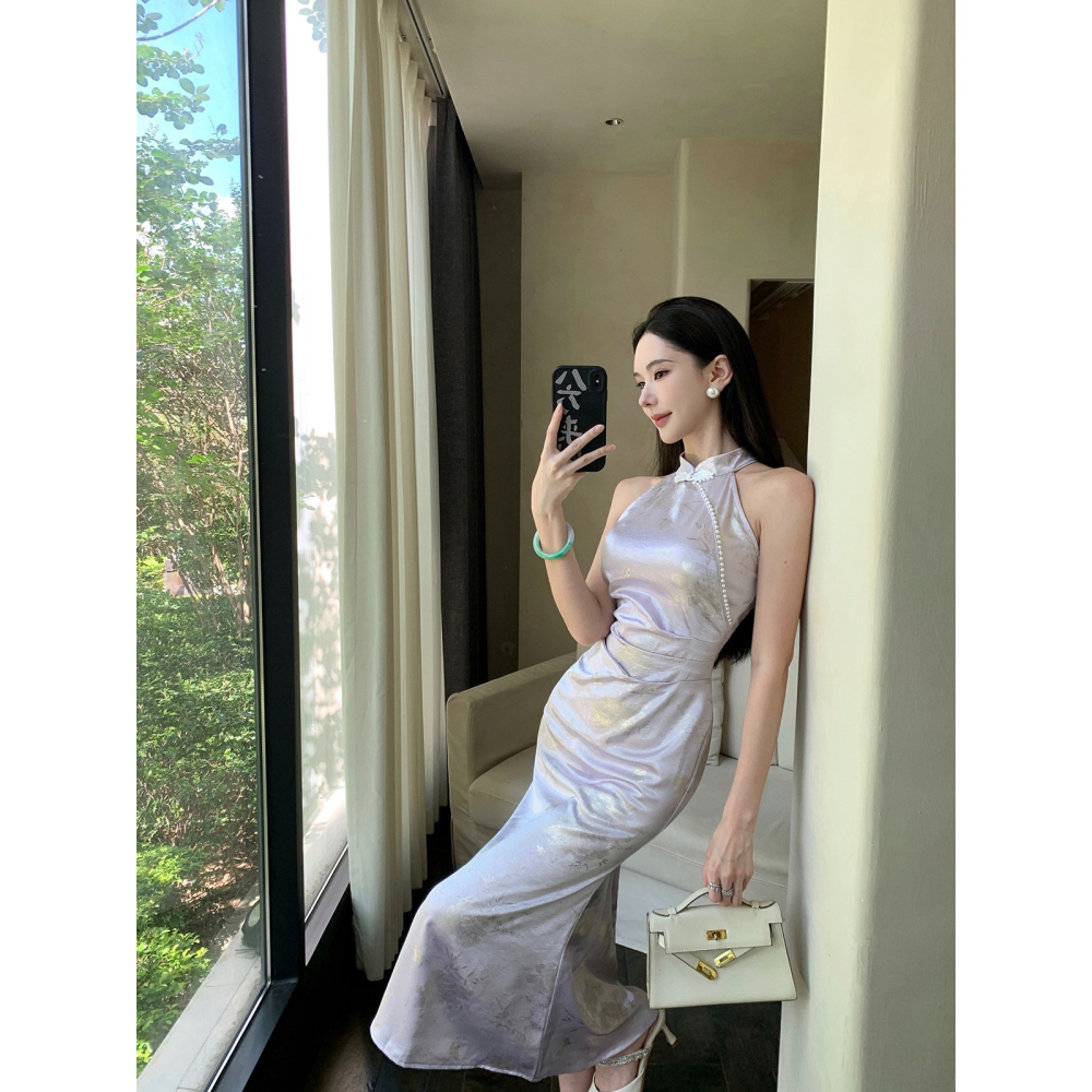 清新 淡雅 優雅中國風氣質削肩淺紫色改良旗袍 古典風格 中國風旗袍 古裝 主題攝影 緞面旗袍 印花 紫色旗袍-細節圖4