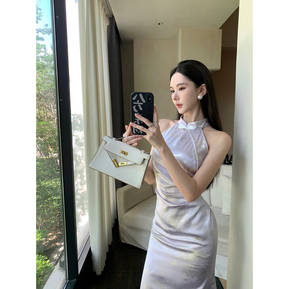 清新 淡雅 優雅中國風氣質削肩淺紫色改良旗袍 古典風格 中國風旗袍 古裝 主題攝影 緞面旗袍 印花 紫色旗袍-細節圖5
