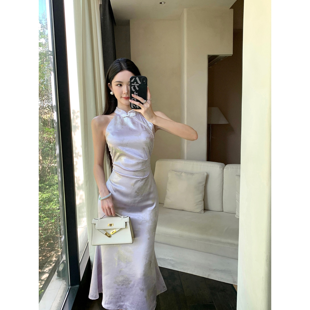 清新 淡雅 優雅中國風氣質削肩淺紫色改良旗袍 古典風格 中國風旗袍 古裝 主題攝影 緞面旗袍 印花 紫色旗袍-細節圖7