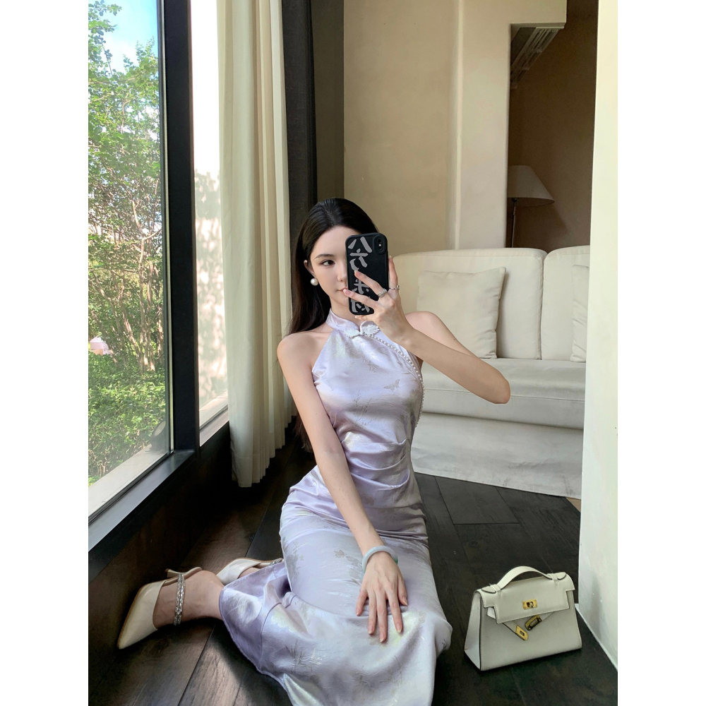 清新 淡雅 優雅中國風氣質削肩淺紫色改良旗袍 古典風格 中國風旗袍 古裝 主題攝影 緞面旗袍 印花 紫色旗袍-細節圖8