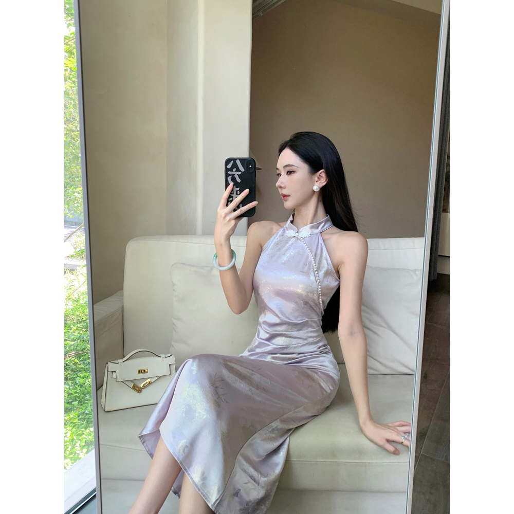 清新 淡雅 優雅中國風氣質削肩淺紫色改良旗袍 古典風格 中國風旗袍 古裝 主題攝影 緞面旗袍 印花 紫色旗袍-細節圖9