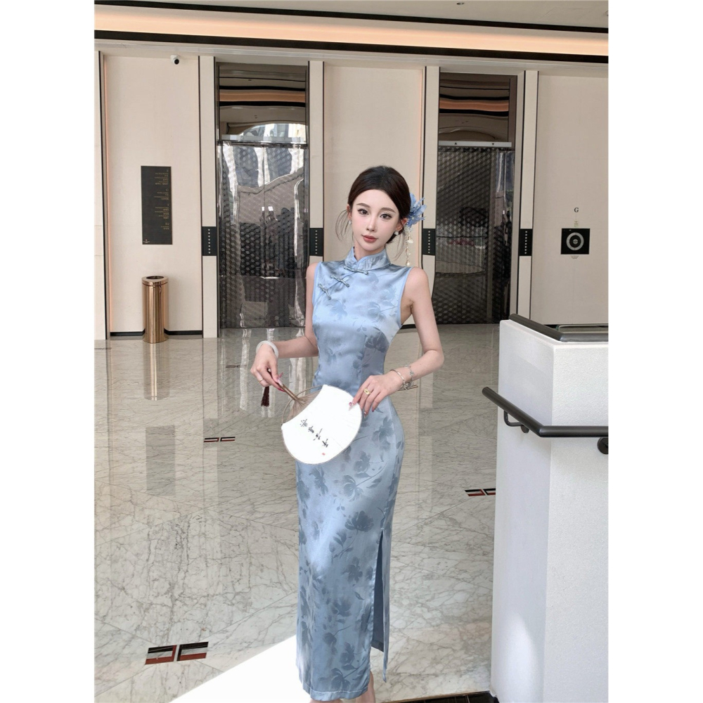 優雅中國風 經典印花 灰色緞面印花無袖長旗袍 露腿 性感旗袍 古典風 復古風 銀灰色 緞面旗袍 質感 氣質-細節圖2