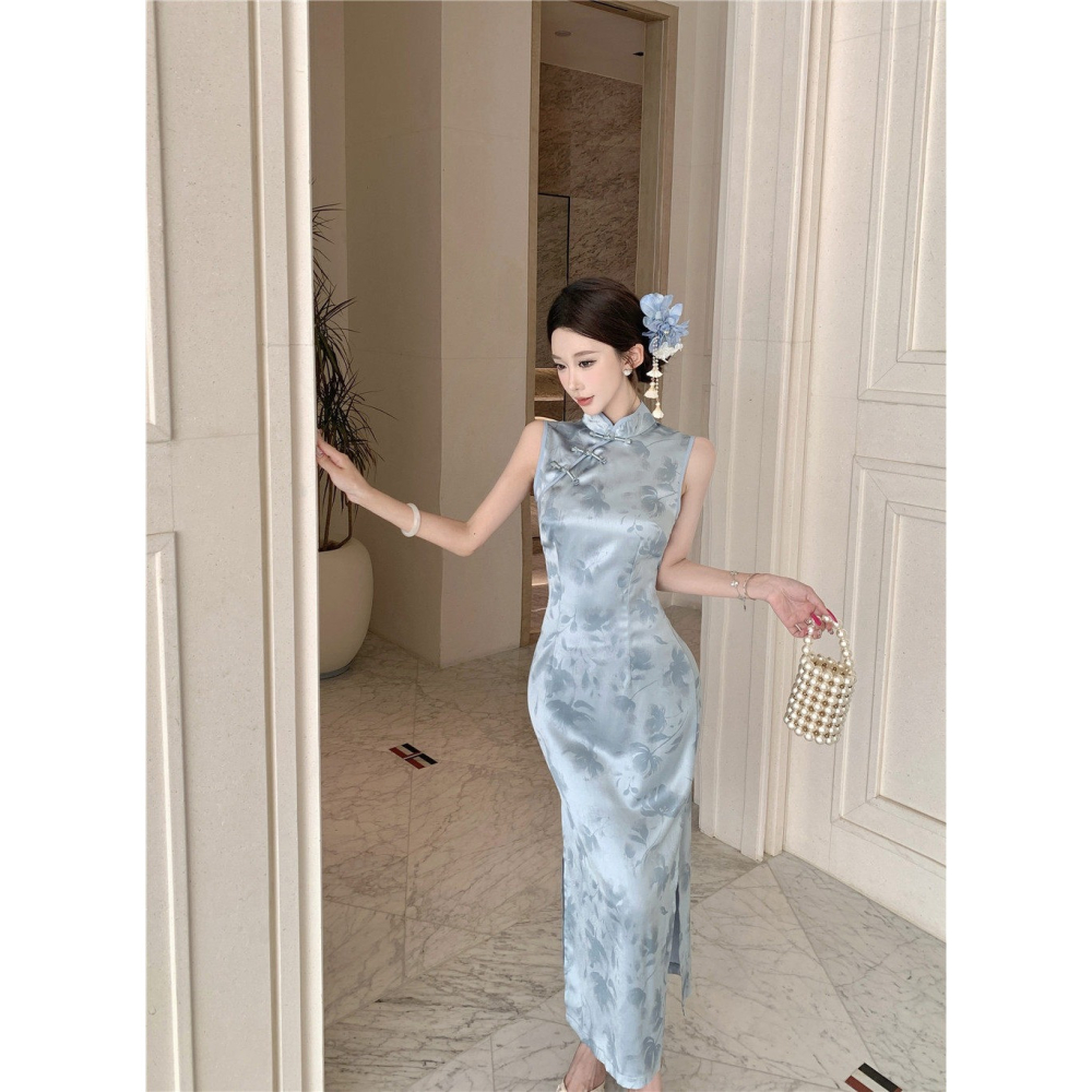 優雅中國風 經典印花 灰色緞面印花無袖長旗袍 露腿 性感旗袍 古典風 復古風 銀灰色 緞面旗袍 質感 氣質-細節圖4