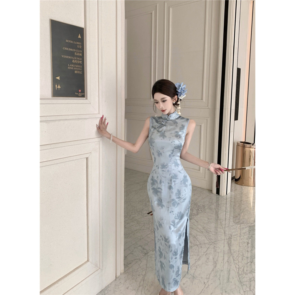 優雅中國風 經典印花 灰色緞面印花無袖長旗袍 露腿 性感旗袍 古典風 復古風 銀灰色 緞面旗袍 質感 氣質-細節圖5