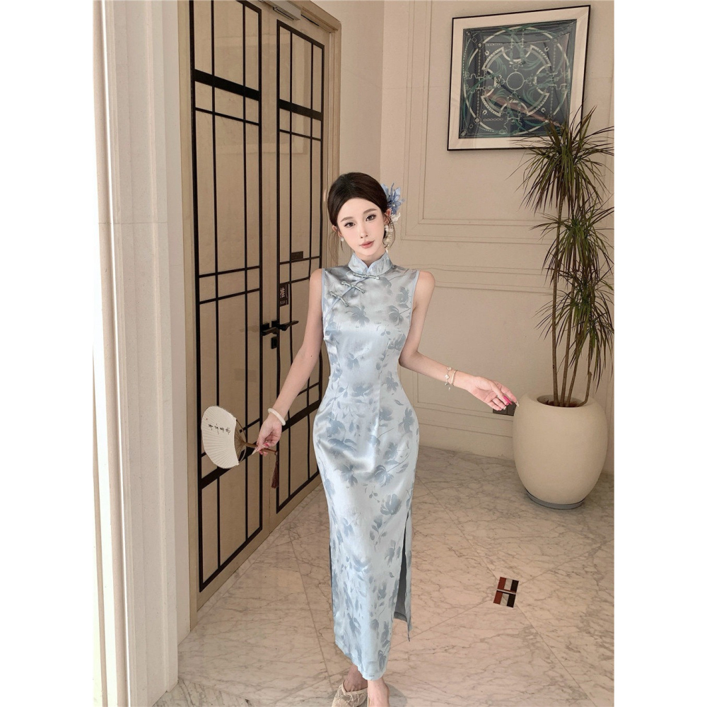 優雅中國風 經典印花 灰色緞面印花無袖長旗袍 露腿 性感旗袍 古典風 復古風 銀灰色 緞面旗袍 質感 氣質-細節圖6