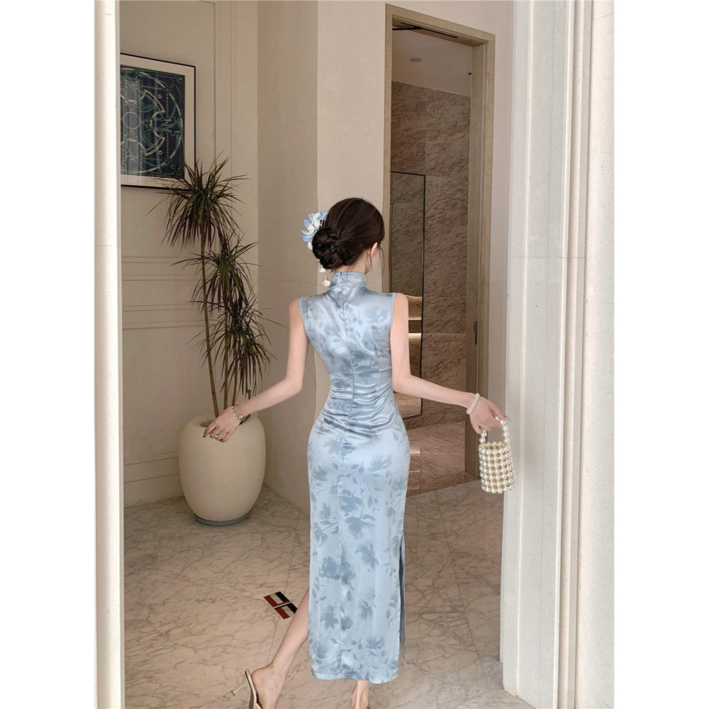 優雅中國風 經典印花 灰色緞面印花無袖長旗袍 露腿 性感旗袍 古典風 復古風 銀灰色 緞面旗袍 質感 氣質-細節圖7