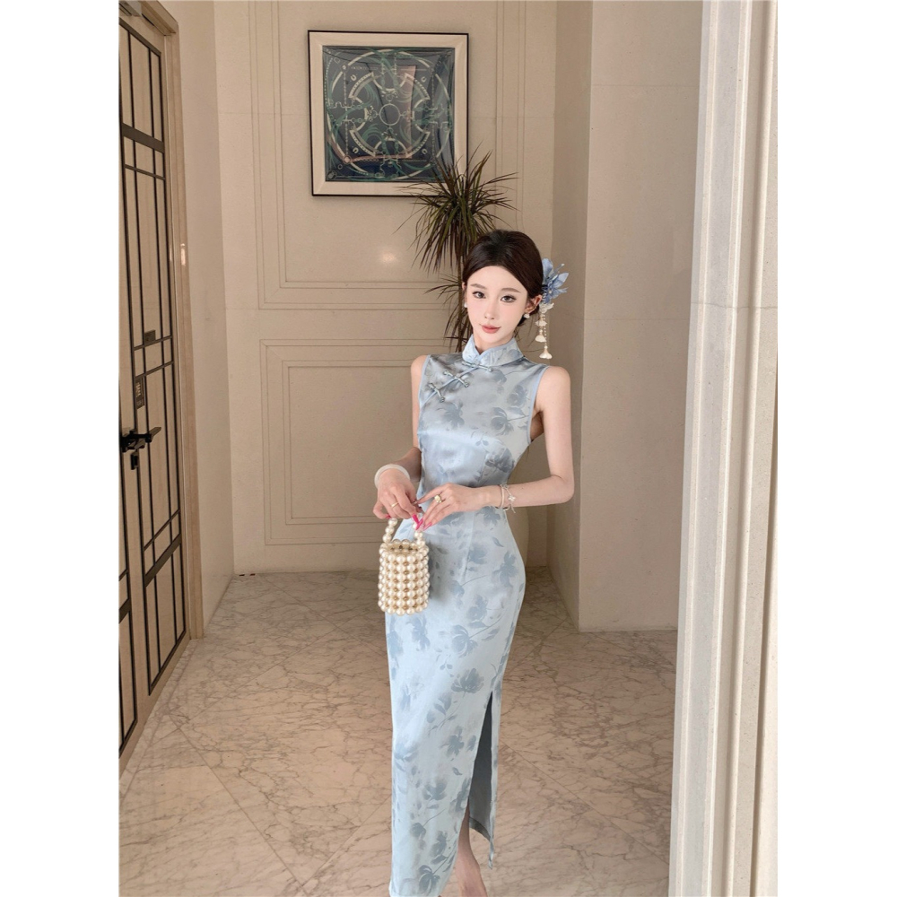 優雅中國風 經典印花 灰色緞面印花無袖長旗袍 露腿 性感旗袍 古典風 復古風 銀灰色 緞面旗袍 質感 氣質-細節圖8
