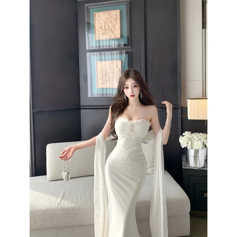 韓系 氣質 優雅 平口無袖抓皺氣質連身新娘長禮服 性感禮服 長禮服 婚禮洋裝 伴娘禮服 晚禮服 晚宴服 輕婚紗 杏色-細節圖4