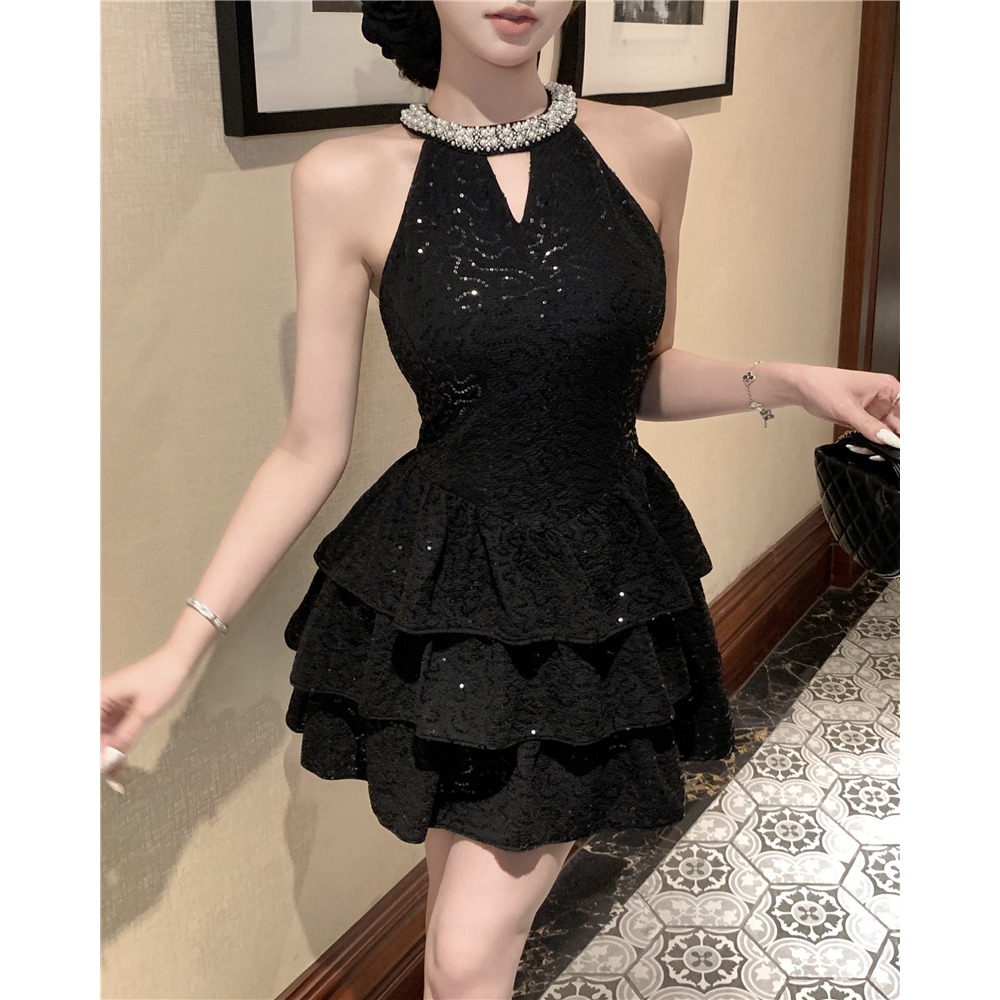 奧黛麗赫本高貴 復古優雅 削肩鑲鑽亮片蛋糕裙小禮服 黑色小禮服 黑色性感洋裝 晚宴服 婚禮洋裝 派對洋裝 亮片洋裝-細節圖7