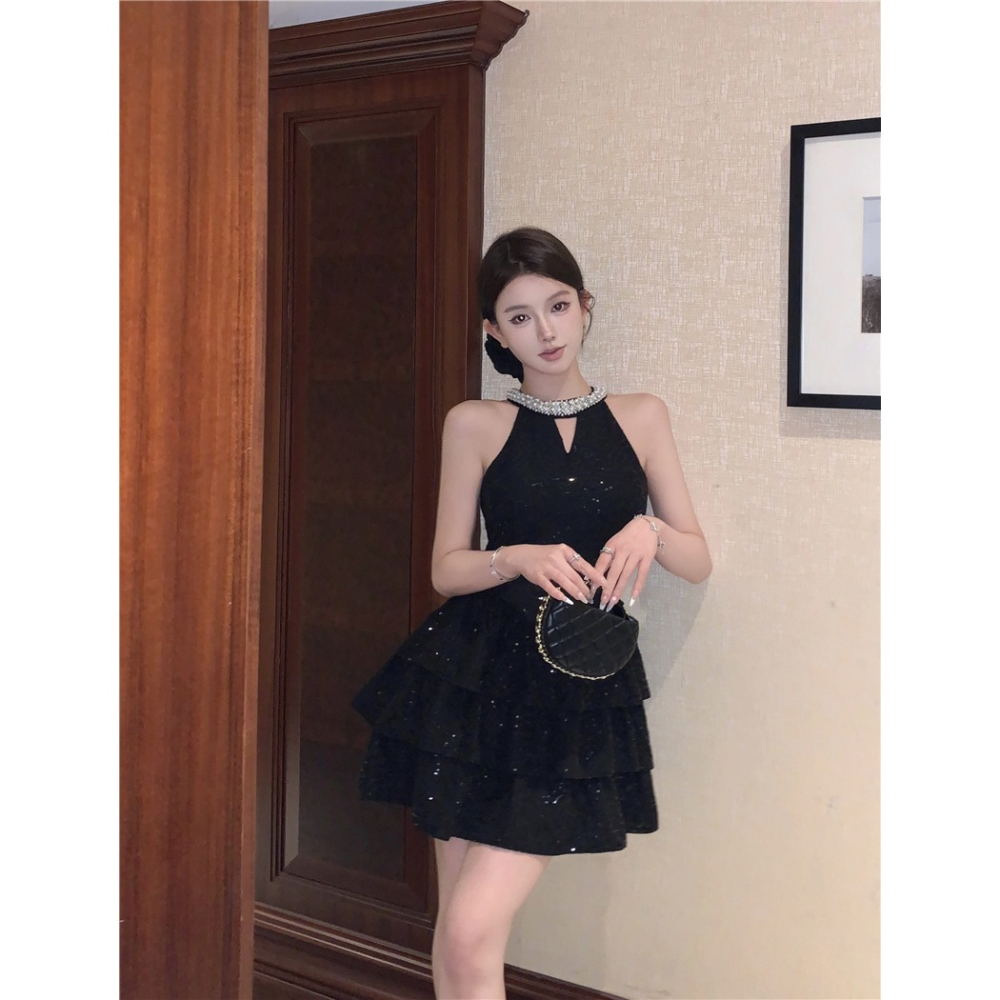 奧黛麗赫本高貴 復古優雅 削肩鑲鑽亮片蛋糕裙小禮服 黑色小禮服 黑色性感洋裝 晚宴服 婚禮洋裝 派對洋裝 亮片洋裝-細節圖9