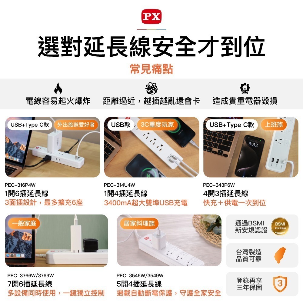PX大通 快充1開6插延長線 2 USB + 1 Type-C 快充孔 1.2米 4尺 PEC-316P4W 高雄-細節圖2