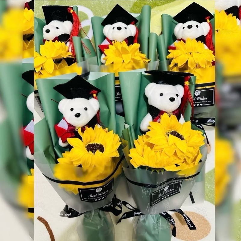 畢業花 畢業花束 香皂花 3朵向日葵花 畢業熊 紀念小禮物畢業禮物 學博士熊 畢業花束 向日葵永生花不凋花幼兒園-細節圖2