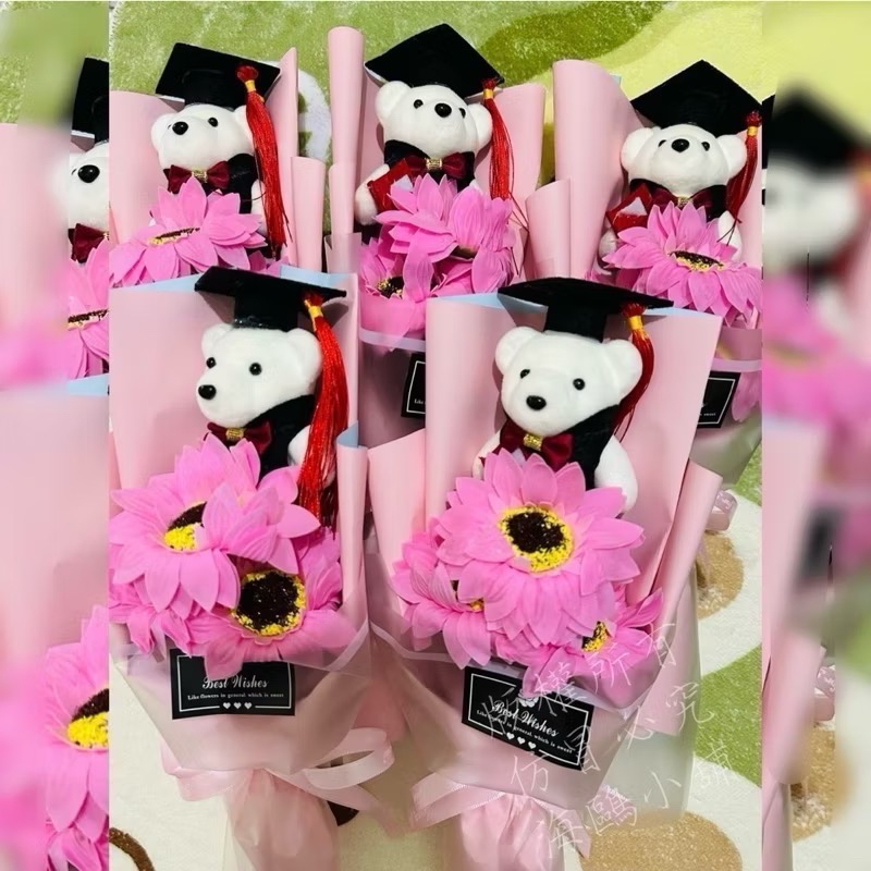 畢業花 畢業花束 香皂花 3朵向日葵花 畢業熊 紀念小禮物畢業禮物 學博士熊 畢業花束 向日葵永生花不凋花幼兒園-細節圖3