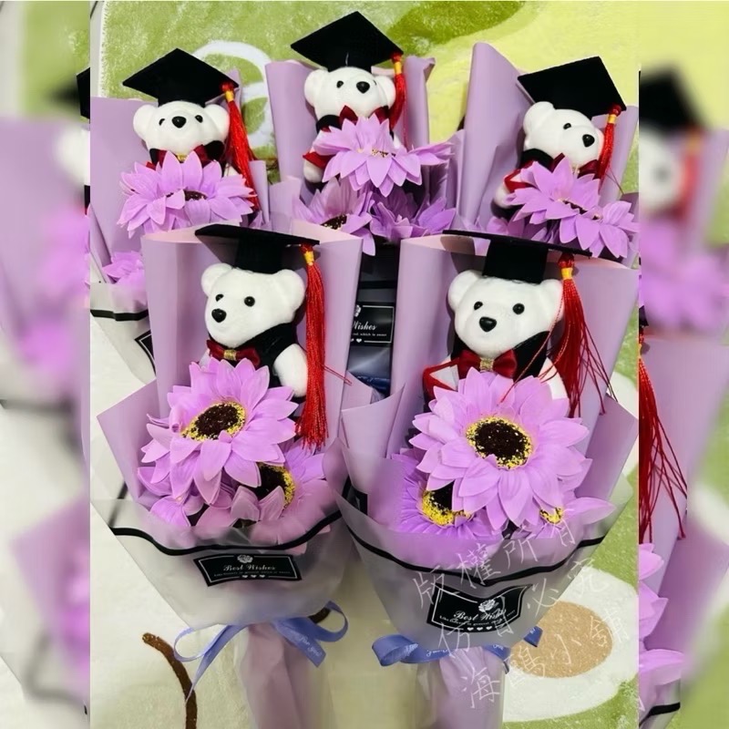畢業花 畢業花束 香皂花 3朵向日葵花 畢業熊 紀念小禮物畢業禮物 學博士熊 畢業花束 向日葵永生花不凋花幼兒園-細節圖4