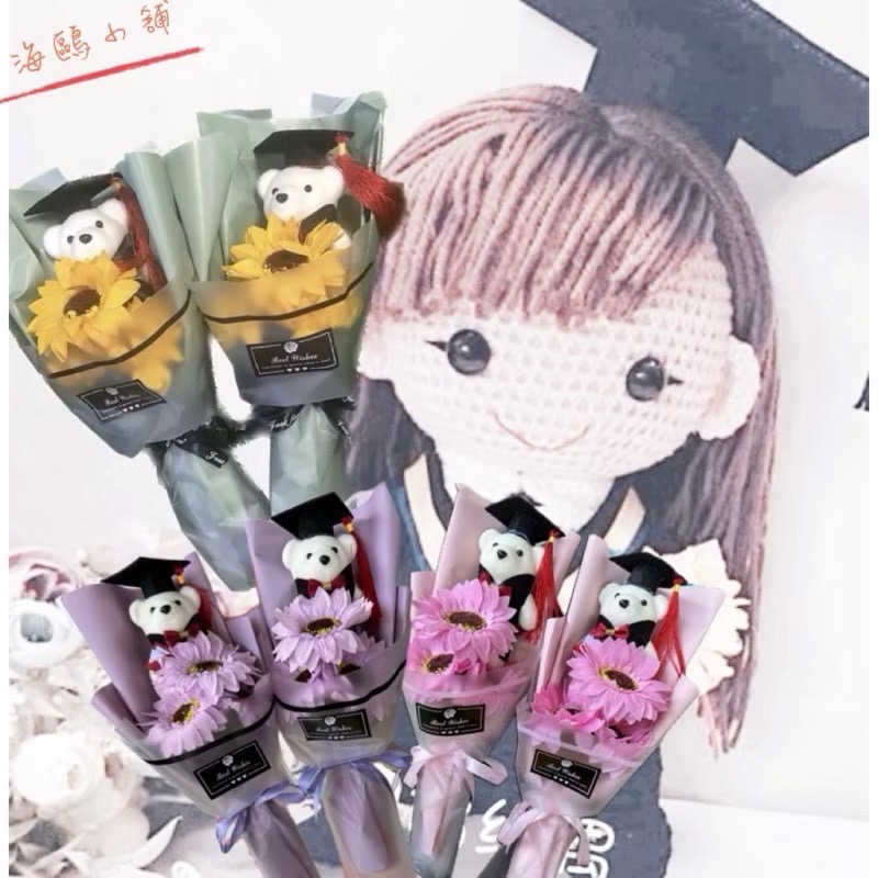 畢業花 畢業花束 香皂花 3朵向日葵花 畢業熊 紀念小禮物畢業禮物 學博士熊 畢業花束 向日葵永生花不凋花幼兒園-細節圖5