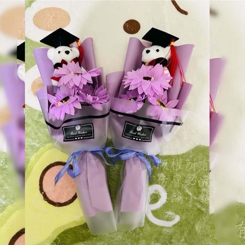 畢業花 畢業花束 香皂花 3朵向日葵花 畢業熊 紀念小禮物畢業禮物 學博士熊 畢業花束 向日葵永生花不凋花幼兒園-細節圖6