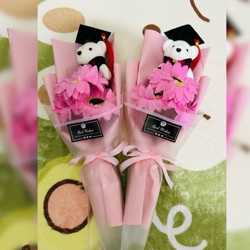 畢業花 畢業花束 香皂花 3朵向日葵花 畢業熊 紀念小禮物畢業禮物 學博士熊 畢業花束 向日葵永生花不凋花幼兒園-細節圖7