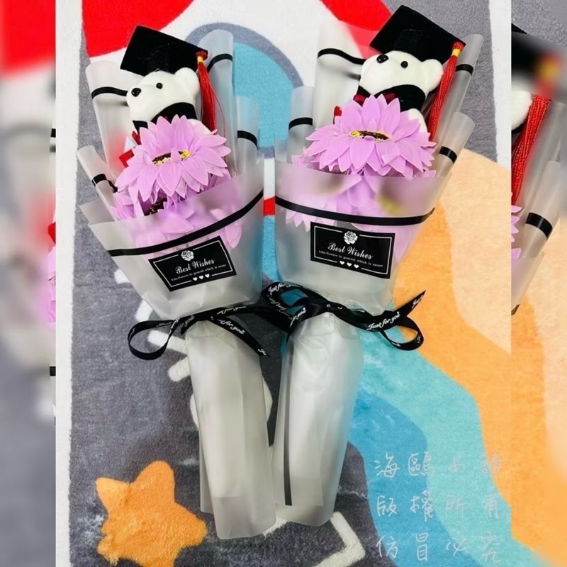 畢業花 畢業花束 香皂花 3朵向日葵花 畢業熊 紀念小禮物畢業禮物 學博士熊 畢業花束 向日葵永生花不凋花幼兒園-細節圖9