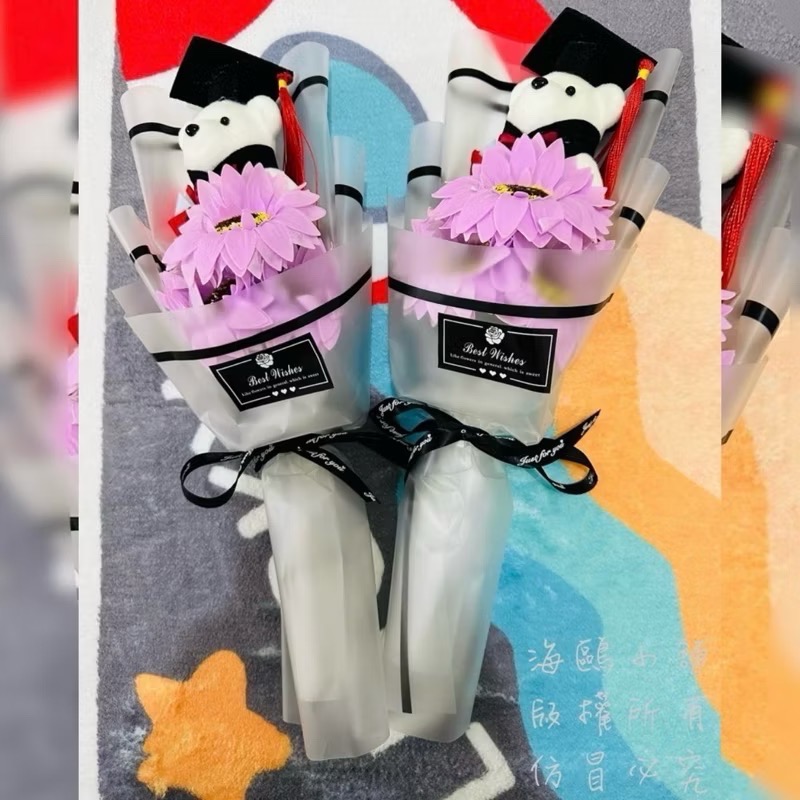 畢業花 畢業花束 香皂花 3朵向日葵花 畢業熊 紀念小禮物畢業禮物 學博士熊 畢業花束 向日葵永生花不凋花幼兒園-規格圖9