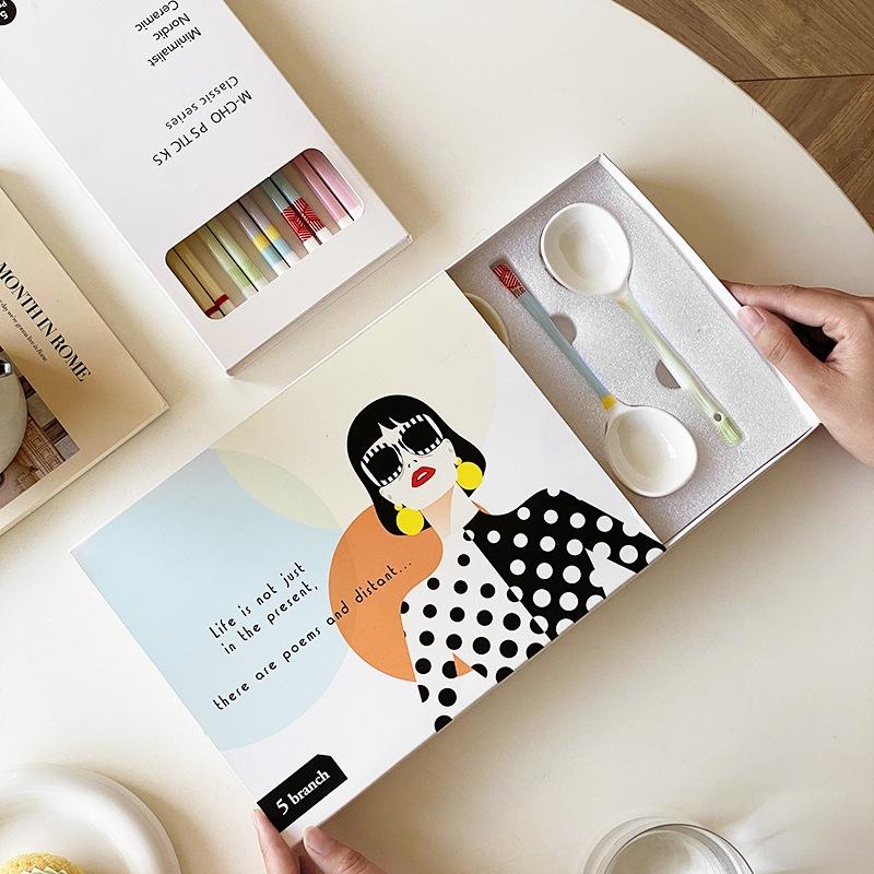 陶瓷筷子禮盒 筷子馬卡龍撞色筷子 少女心彩色ins 家用陶瓷筷子套装 5雙禮盒装 UT003-細節圖4