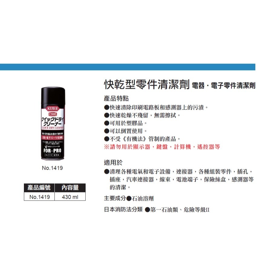 日本 KURE 1419 電子清潔劑 接點復活劑 430ml-細節圖2