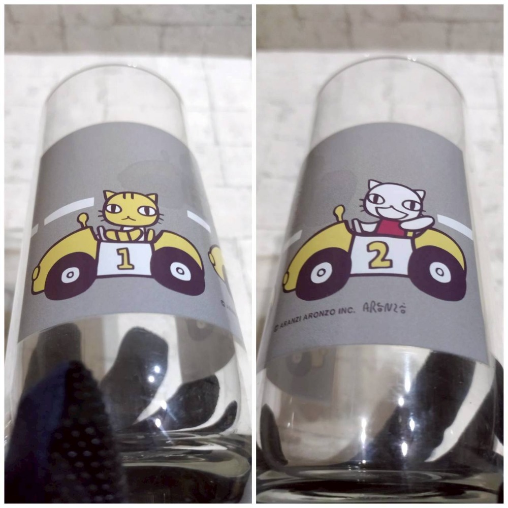 【家德小舖】阿朗基 變色 玻璃杯 貓咪汽車 370ml 全新 全家超商 15公分 阿朗基玩一夏 喝水杯 果汁杯 透明杯-細節圖2