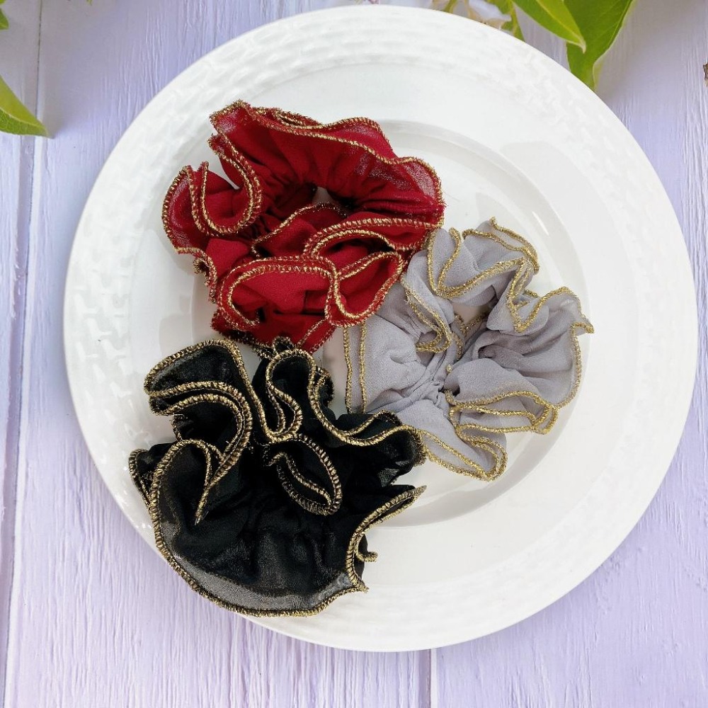 🔥菲雪飾品🔥金邊 雪紡 滾邊 氣質 大腸圈 髮飾 髮圈(共3色)-細節圖2