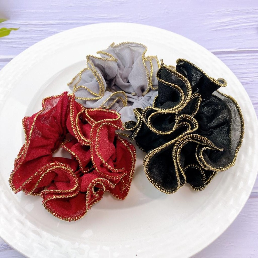 🔥菲雪飾品🔥金邊 雪紡 滾邊 氣質 大腸圈 髮飾 髮圈(共3色)-細節圖3