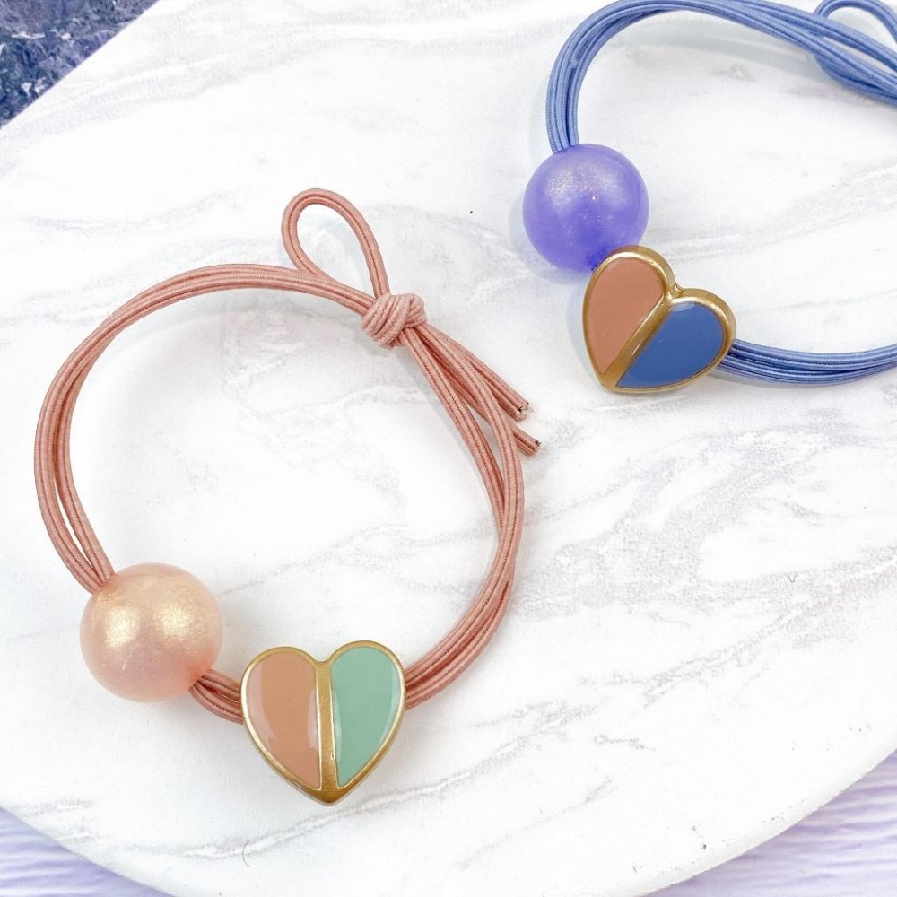 🔥菲雪飾品🔥撞色 愛心 糖果色 珠珠球 綁馬尾 雙層 髮圈 飾品 髮繩 髮飾(共5色)-細節圖3