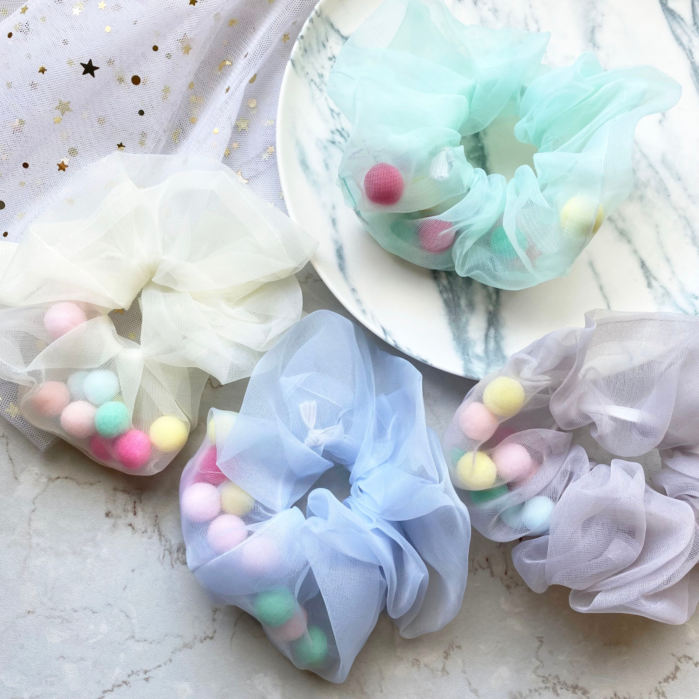 🔥菲雪飾品🔥彩色毛球 網紗 氣質 髮束 丸子頭 髮飾 大腸圈 馬尾 髮圈(共5色)-細節圖4