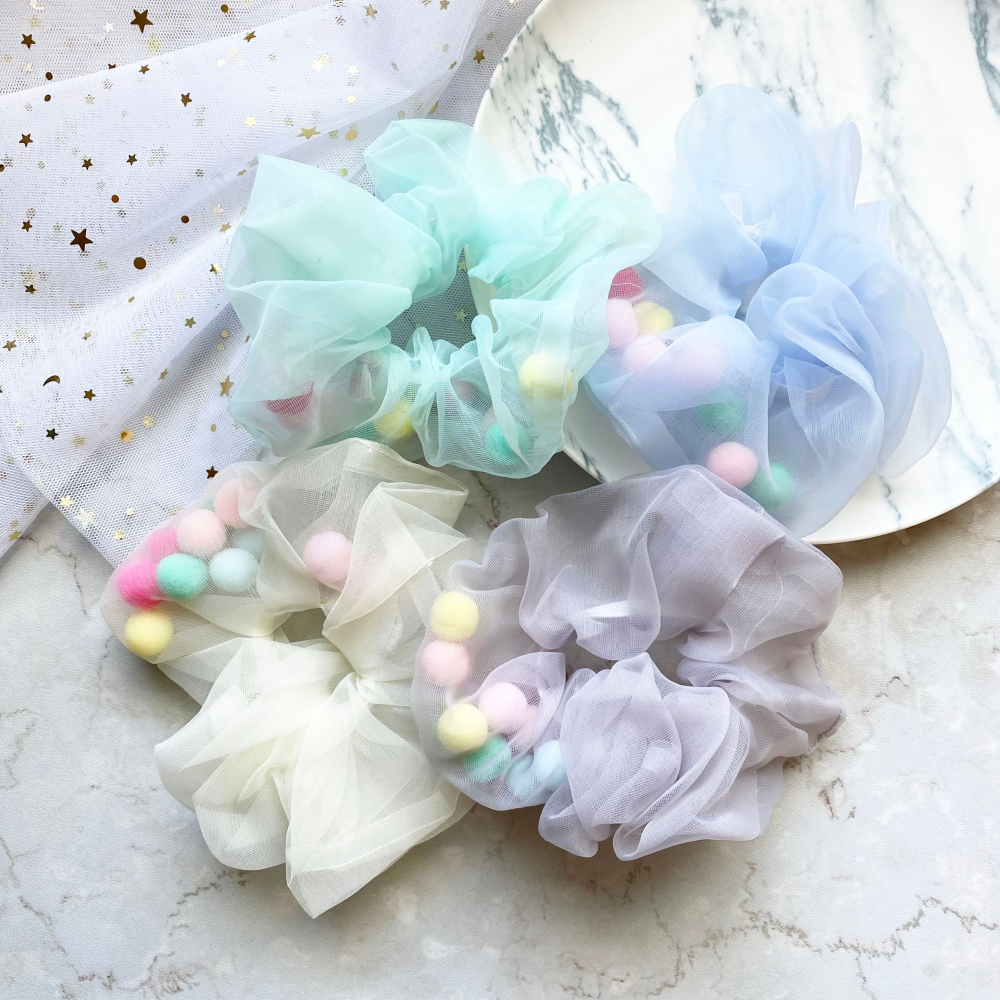 🔥菲雪飾品🔥彩色毛球 網紗 氣質 髮束 丸子頭 髮飾 大腸圈 馬尾 髮圈(共5色)-細節圖5