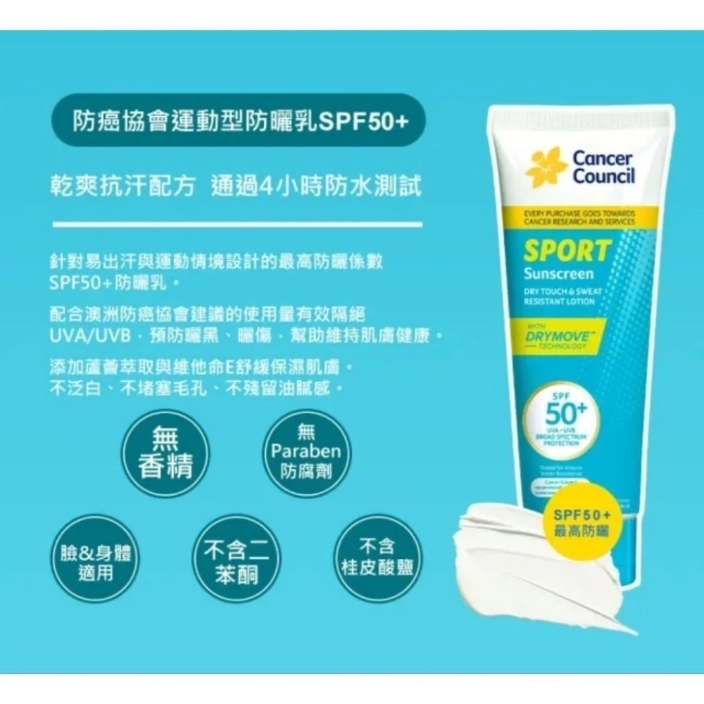澳洲Cancer Council 防癌協會防曬乳SPF50+ 110ml 運動型防曬/加强型防曬 效期:2027.08-細節圖2