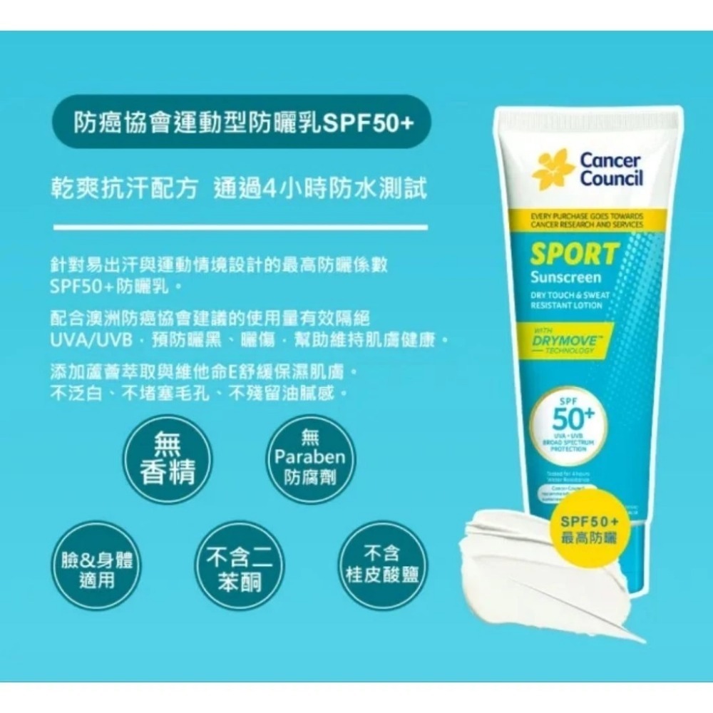 澳洲Cancer Council 防癌協會防曬乳SPF50+ 110ml 運動型防曬/加强型防曬 效期:2027.08-規格圖4