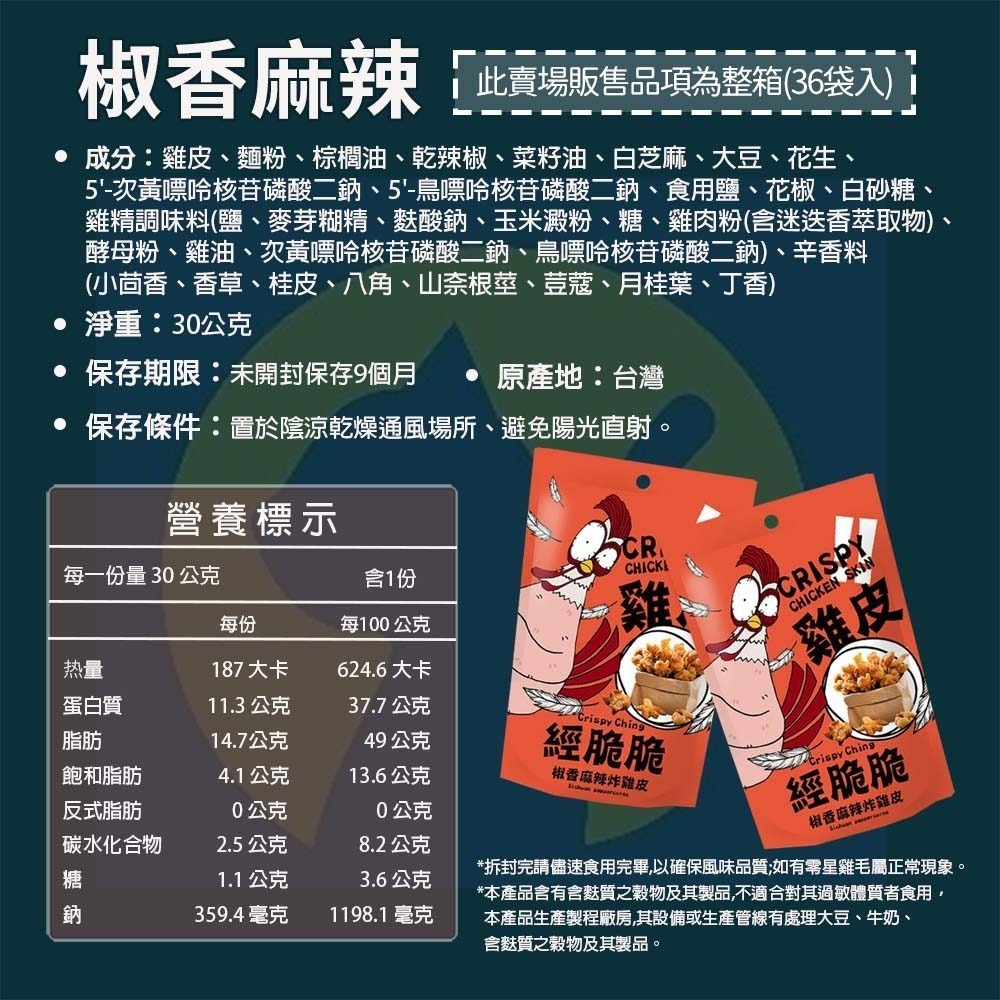 【整箱36袋入】經脆脆炸雞皮-椒麻香辣