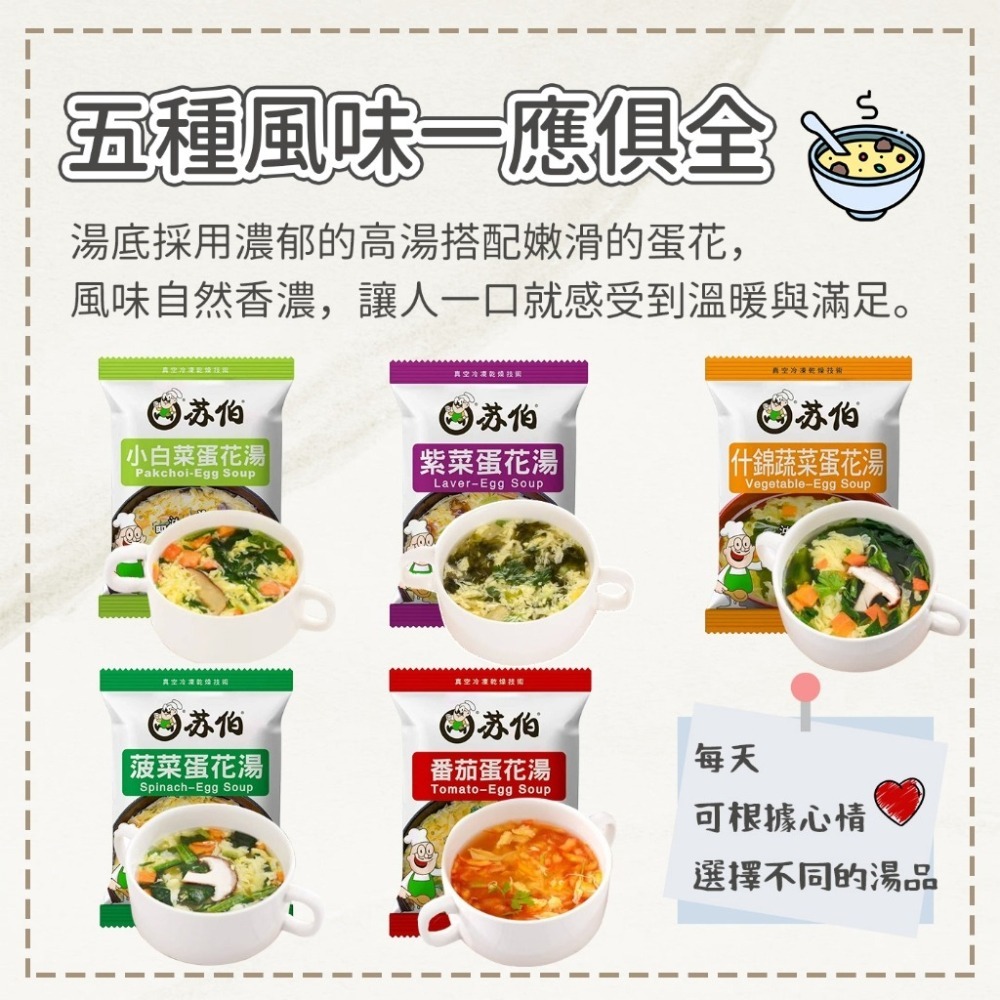 【愛淘購物】檢驗合格 蘇伯湯包 蛋花湯 6g 5入 30秒速沖 快沖湯 即時速食 濃湯 湯頭 湯底 火鍋底料-細節圖6