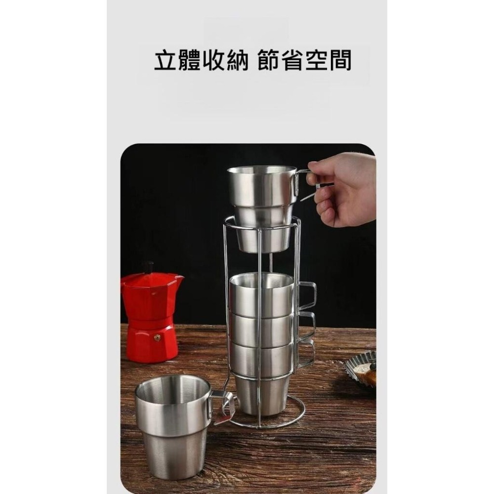 304不鏽鋼露營杯 收納組 野營裝備套裝杯 保溫杯 折疊把手雙層隔熱咖啡杯燒烤啤酒杯登山水杯 鋼杯 不鏽鋼杯4件組-細節圖3